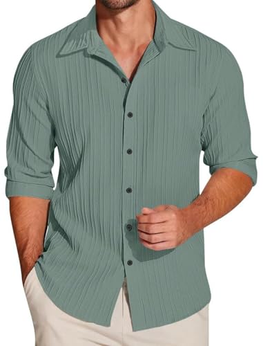 Image of Macsivo Men's Popcorn Shirt with Spread Collared Long Sleeve Button Down Closure Curved Hem Length | Linen Shirt for Man