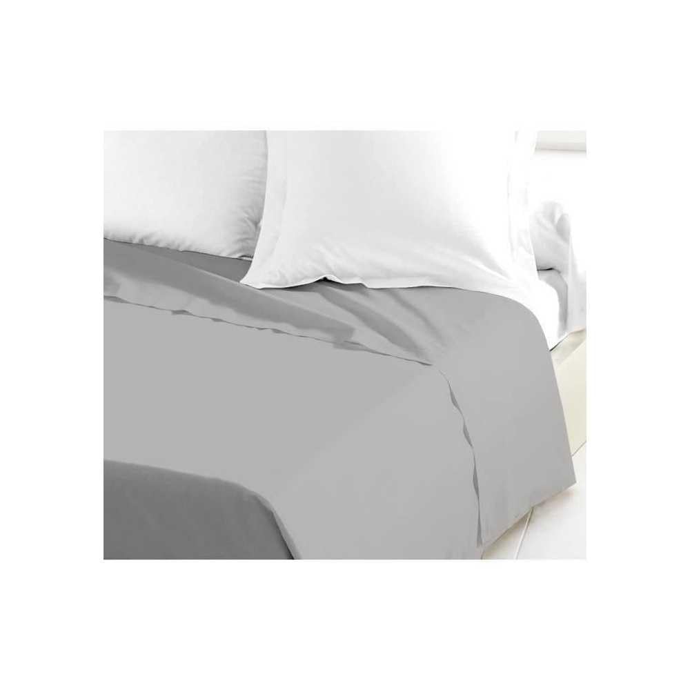 Drap plat coton 240x300 gris clair grand lit deux personnes de qualité durable