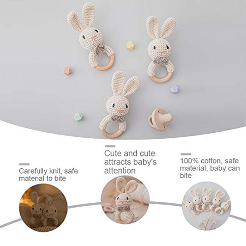 Wooden Baby Rattle Lovely Crochet Bunny Ring Rattle Baby Toys,Beige Bunny #TOP2