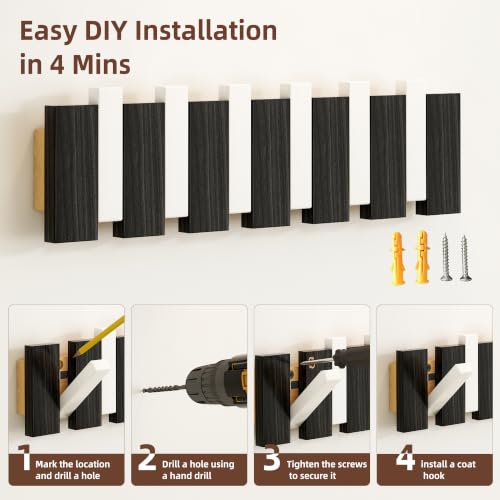 EcobooLife Wooden Piano Coat Rack Wall Mounted, Coat Hooks Hanger Wall Mount with 6 Hooks, Flip-Down Natural Coat Rack for Hanging Keys/Bags, Space Saving Home Hangers, Black & White - image 2