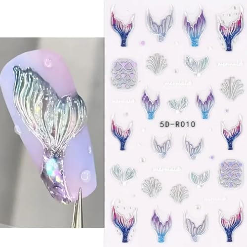 Diowino 97 NAIL STICKERS 5D Blue Mermaid Relief Nail Stickers Back Glue Embossed Mermaid Tail Nail Art Stickers Self Adhesive Shellfish Jellyfish Dreamy Ocean Animal World Design Nail Decals Accessories thumb #3