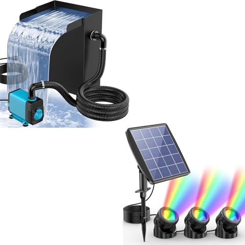POPOSOAP Pond Waterfall Spillway with 3-in-1 RGB Pond Lights, 304 Stainless Steel Pond Pond Waterfall Box with 40W 660GPH Pump for Waterfall System Garden Decor