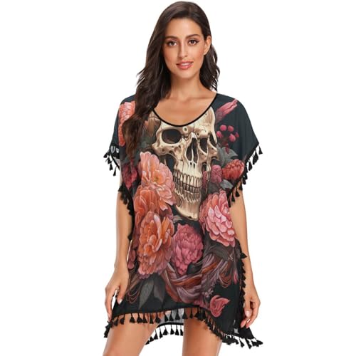KAAVIYO Skull Snake Roses Women's Beach Cover Up Chiffon Tassel Swimwear Swimsuit Coverups for Girl