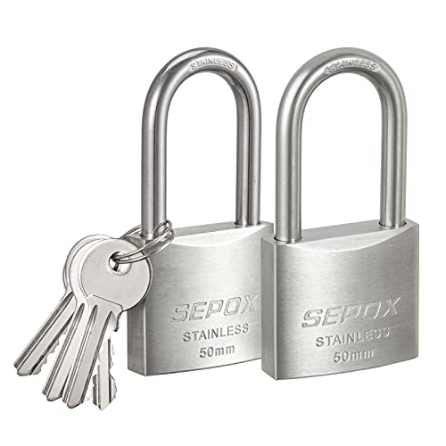 SEPOX Outdoor Padlock with Key Stainless Steel Lock Body and Shackle Waterproof Keyed Pad Lock Heavy Duty Padlock and Key Weatherproof for Gate Chain Shed Boat Marine (50mm Long Shackle*2 SS304)