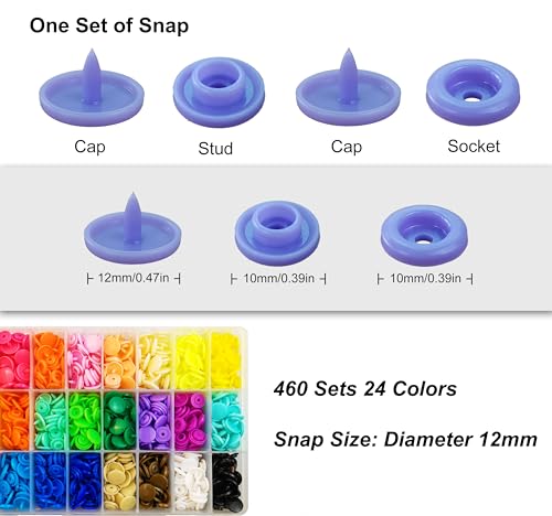 460 Sets T5 Plastic Snaps with Snap Pliers, 24-Colors 12mm Snap Buttons for Sewing, Snap Fasteners kit for Sewing, Clothing, Crafting, Diaper, Bibs