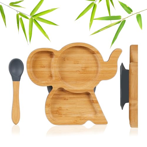 Relaxdays Plato Infantil de bambú con Ventosa, sin BPA, Antideslizante, Plato Dividido Elefante, Natural/Gris