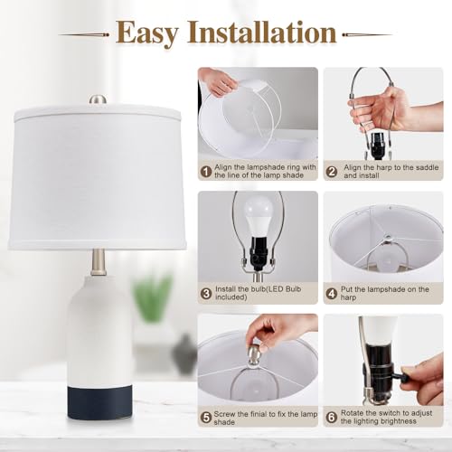 Modern Ceramic Table Lamp Set of 2, Adjustable Color Temperature Bedside Lamps for Night Stands with Fabric Drum Shade, Nightstand Lamps for Bedroom, Living Room, Desk, Includes 2 Bulbs (21.4")