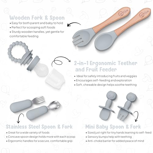 Image of O'doe 17-Piece BPA-Free Silicone Baby Feeding Set | Thick & Soft Suction Plates, Baby Food Bowl, Wooden Fork & Spoon, and More | Make Mealtime Fun and Easy for Your Little One