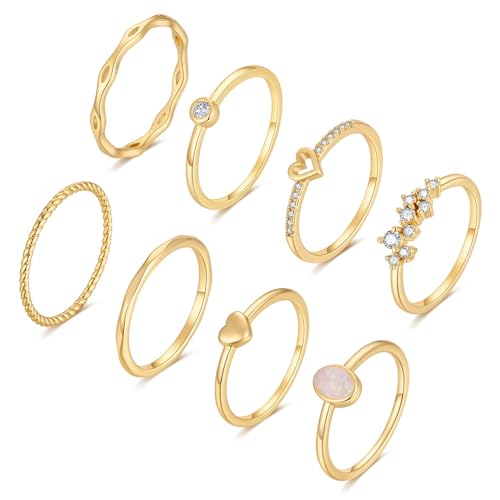 RLMOON 8PCS 14K Gold Ring Set for Women Non Tarnish Dainty Silver Rose Gold Thumb Stackable Stacking Rings Heart CZ Pinky Rings Plain Band Size 6-10