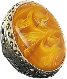 Man Silver Large Amber Stone Ring, Baltic Amber Ring, Turkish Silver Ring, Ottoman Style Embroidered Men's Ring, 925k Sterling Silver