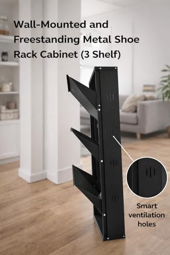 Image of Shoe Rack, Wall Mounted and Freestanding Metal, Multiple Shelf Options, White and Black (Black, 3)
