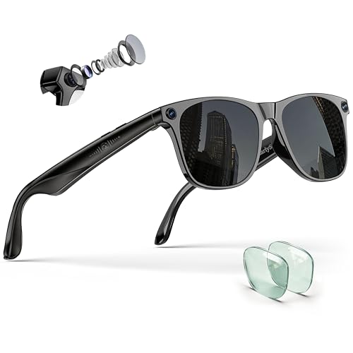 EarlySincere 4K Camera Glasses with ChatGPT AI, Polarized Lenses + Extra Photochromic, EIS Anti-Shake Video Recording, Open Ear HiFi Audio, Ideal for Driving & Vlog Black frame+black sunglas