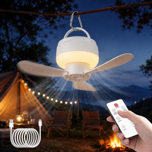 Shengruili Deckenventilator mit Beleuchtung Camping USB Deckenventilator mit Licht Outdoor Kleiner Deckenventilator mit Akku USB Mobiler Ventilator Akku für Outdoor Außenbereich Pavillon Terrasse