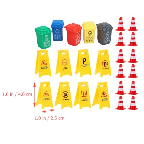 NUOBESTY Mini Traffic Signs Set, Plastic Street Signs Playset Traffic Cones Yellow Warning Sign Garbage Can Toy Safety Education Toy for Kids 25pcs - Thumbnail 3
