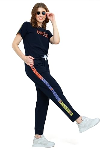 Image of ZEYO - Women's Cotton Typography Side Striped Night Suit Set of Top & Joggers Pajama Set
