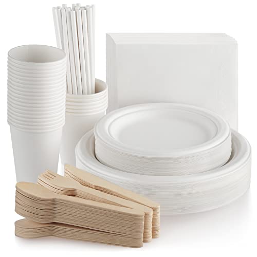 Fuyit 200 Piezas Vajilla Desechable Para 25 Personas, Platos Desechable Bagasse Biodegradable Viene con Cuchillo, Tenedor, Cuchara, Taza, Pajita y Servilletas,Para Cumpleaños Fiesta Camping