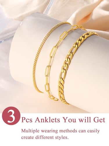 Image of FOCALOOK Anklet Bracelets Set for Women, 14K Gold Plated Waterproof Cuban Link Chain Layered Anklets Set for Plus Size Ankle 8-10.5 Inch Adjustable Summer Beach Jewelry Gift