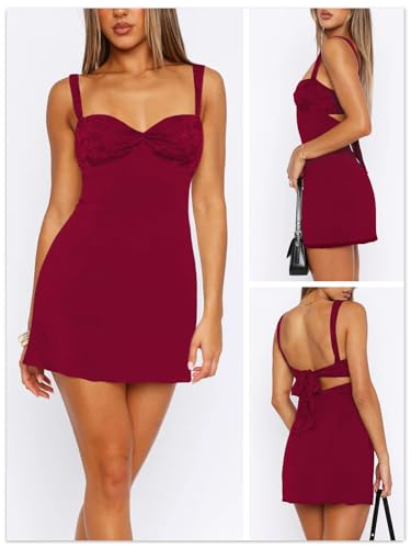 Image of Women's Summer Mini Dresses Sleeveless Sexy Square Neck Lace Splicing Cocktail Party Straps Bodycon Dress