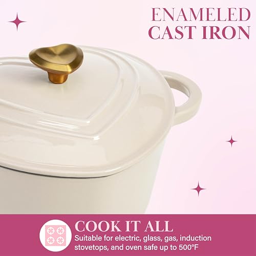 Image of Paris Hilton Enameled Cast Iron Dutch Oven Pot with Lid, Heart-Shaped Dutch Oven, Durable Cast Iron Pot with Dual Handles, Oven Safe to 500F, Works on All Stovetops, 2-Quart, Cream