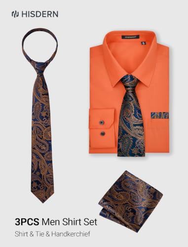 Image of HISDERN Mens Dress Shirt with Tie Pocket Square Set Classic Button Down Shirt Matching Tie Long Sleeve Shirts