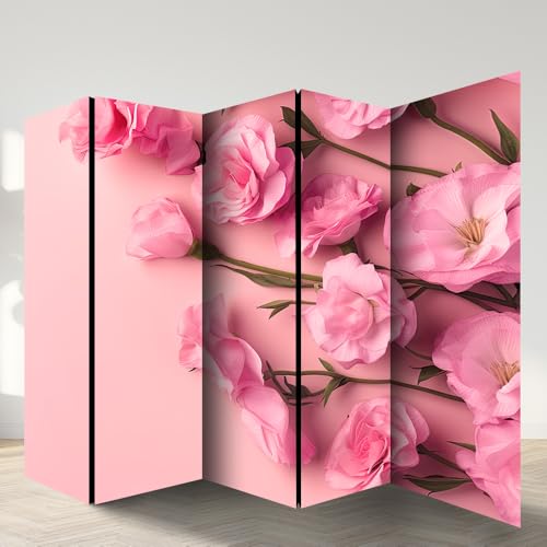 Pink-Rose-Floral-Print-Room-Divider-Screen-4-Panels Pink Rose Floral Print Room Divider Screen 4 Panels