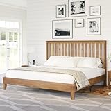 AMERLIFE King Size Wood Bed Frame, Mid-Century Wooden Platform Bed with Grille Headboard, Wood Slat System/No Box Spring Needed/Noise Free, Natural