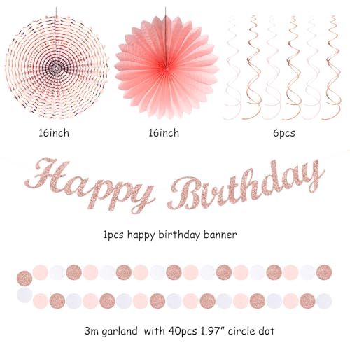 Image of Pink White Rose-Gold Birthday Party-Decorations - 21pcs Happy Banner, Paper Lanterns,Tissue Pom Poms Flower Fan,Honeycomb Ball,Swirl Streamers Garland Supplies Decor Girls Women Huglony