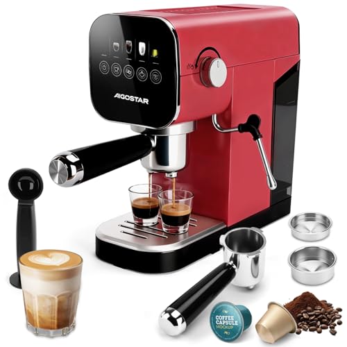 Aigostar 20-Bar Professional Espresso & Ground Coffee Machine with Milk Frother, Digital Touch Panel, Stainless Steel, 1350W, Red