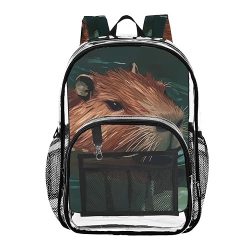 Capybara Swim Flower Clear Backpack, PVC Transparent Bag with Large Capacity for Boys, Girls, Men, Women, See Through Bookbag for School Work College Travel