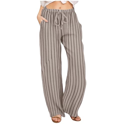 Image of Yolimok Striped Wide Leg Trousers Women UK, Ladies Striped Trousers Cotton Linen Pants High Waisted Baggy Palazzo Pants Casual Lightweight Full Length Beach Holiday Bottoms