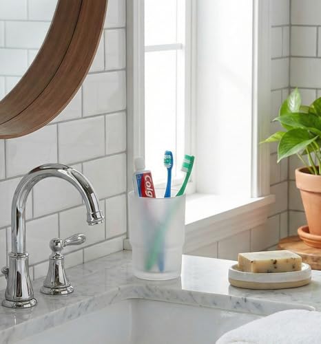 Image of Premium Frosted Glass Tumbler and Toothbrush Holder for Bathroom | Elegant Round Countertop Toothbrush, Toothpaste, & Shaving Kit Stand | Durable Aesthetic Bathroom Organizer & Rinse Cup