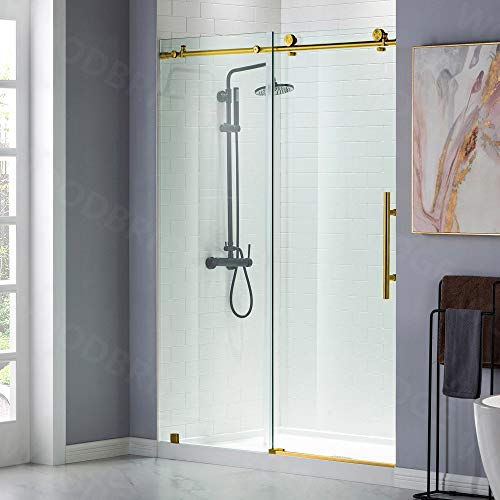 Woodbridge Frameless Sliding Shower Door, 44"-48" Width, 76" Height, 3/8" (10 Mm) Clear Tempered Glass, Finish, Designed For Smooth Door Closing. Brushed Gold. #TOP9