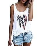 Polyester TUDUZ Tank Top Damen lang locker Tops Blätter Drucken Rundhals Ärmellos Bluse Loose T-Shirt(S,Weiß)