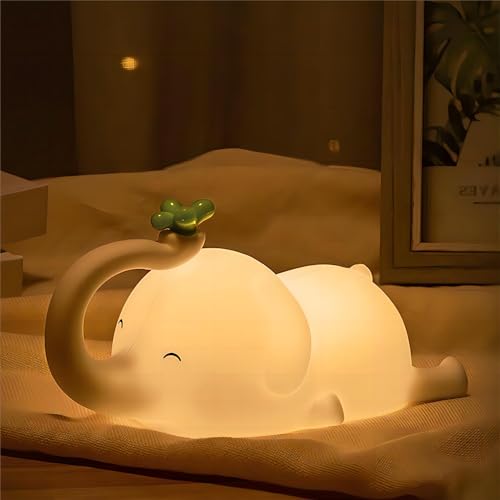 Image of S NMT Cute Elephant Silicone Night Light LED Novelty Lamp 3 Level Dimmable Nursery Nightlight USB Rechargeable Timing Sleeping Lamp for Baby Kids Decor