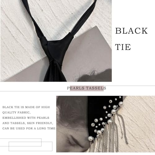 Vinzar Black Tie Choker Pearl Y-Necklace Silver Tassels Choker Long Tie Necklace for Women4