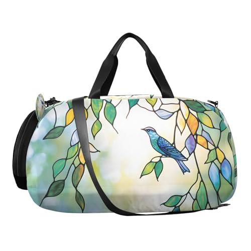 Duffle Bag for Boys or Girls with Shoes Compartment, Bird Leaf Stained Glass Sports Travel Bag Overnight2