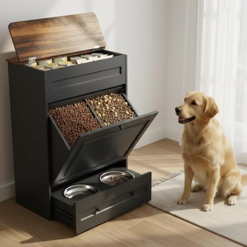 Elevated Dog Feeding Station with Storage Cabinet, Dog Food Storage