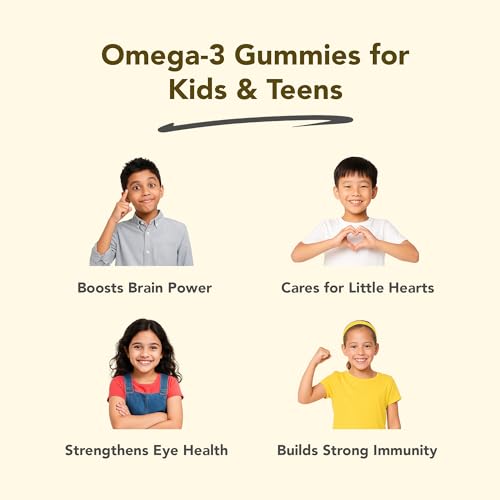 Image of Junior Omega 3 Kids Gummies (4+ Years), Supports Brain Development, Memory, Focus & Immunity, DHA Omega 3 Supplement for Kids, 100% Veg (Mango Flavour, 60 Gummies)