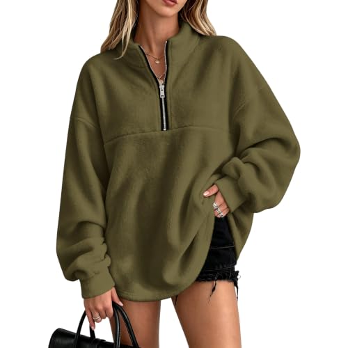 Green Fleece Quarter Zip Women Oversized Half Zip Pullover Sweatshirts - image 1