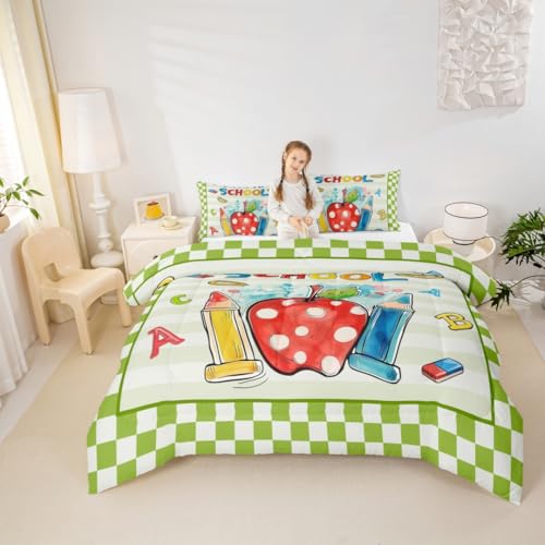 Castle Fairy Back to School Bed Comforter Set Queen Size,Kids Classroom Green Super Soft Microfiber Bedding Set for Adults Men,Book Colorful Pencil Decorative Comforter Set,3 Pcs