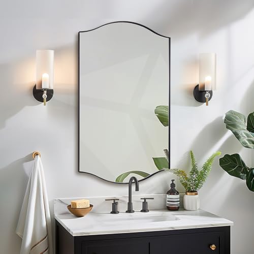 Image of ANDY STAR Rectangle Scalloped Mirror, 24 inchx40 inch Matte Black Bathroom Mirror in SUS304 Stainless Steel Metal Frame, Irregular Vanity Mirror with Unique Arched Top Design