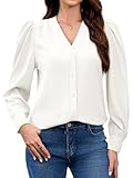 Blouses for Women Business Casual Tops Satin Silk V Neck Long Sleeve Button Down Dress Shirts Women's Work Outfits Formal Professional Clothes Blouse Dressy Elegant Office Chiffon White M