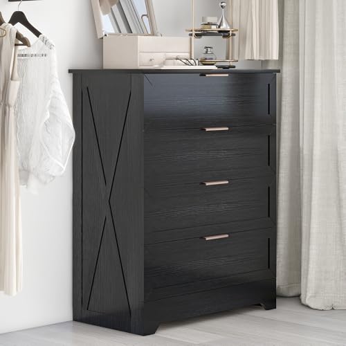 FTZxHKLX Modern 4 Drawer Dresser for Bedroom, Tall Bedroom Dresser with Large Drawer & Rose Gold Handles, Wooden Storage Organizer Cabinet Chest of Drawer for Closet, Living Room, Hallway, Black — view 6