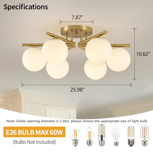 Image of 6 Lights Sputnik Ceiling Light Fixture,Semi Flush Mount Ceiling Light Sputnik with Milk Glass Globe, Brushed Brass Chandelier for Living Room, 25.98'' Large Mid Century Modern Fixture