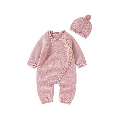 Image of Geogenry Newborn Baby Girls Boys Sweater Jumpsuit Winter Knit Romper Clothes Button Solid Bodysuit Jumpsuit Hat 2pcs Outfit