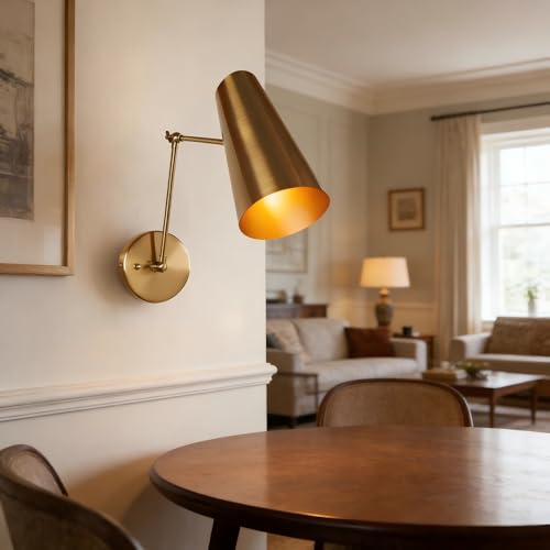 Image of 9.75 inch Elegant Articulating Mid-Century Modern Metal Sconce, Multi-Color Available, Streamlined Design Metal Wall Light for Living Room, Lounge Room, Sitthing Room, Hardwire (Brass Pole with Brass)
