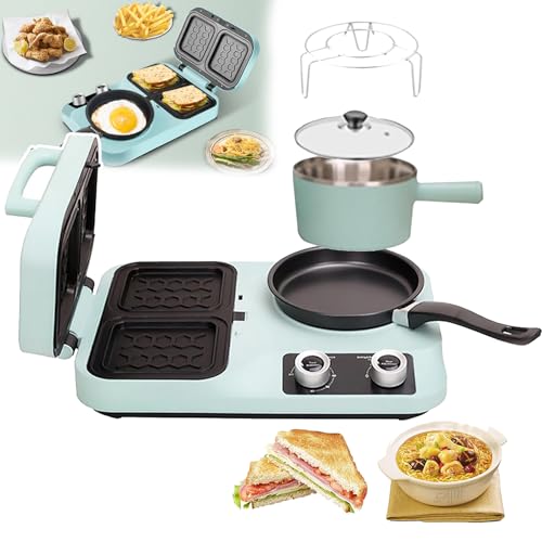 HEGGMKK Máquina De Desayuno Eléctrica para Sándwiches De 800 W, con Plancha Antiadherente + Bandeja para Hornear + Olla De Cocción De 1,3 L, Trabajo De Doble Zona, para 2 O 3 Desayunos,Light Green