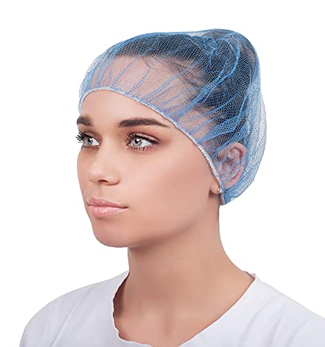 AMAZING Blue Nylon Hair Nets 24". Pack of 100 Disposable Hairnets Caps with Elastic Edge Mesh. Stretchable Adult Hair Covers for General Use, Cooking, Food Service. Unisex, Heavyweight, Breathable.