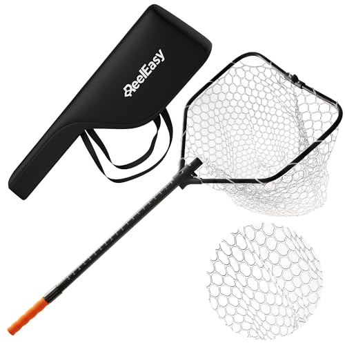 ReelEasy Large Fishing Net with Extendable Telescopic Handle – Foldable, Lightweight Landing Net with Built-in Size Measurement – for Freshwater, Saltwater, and Beach Fishing