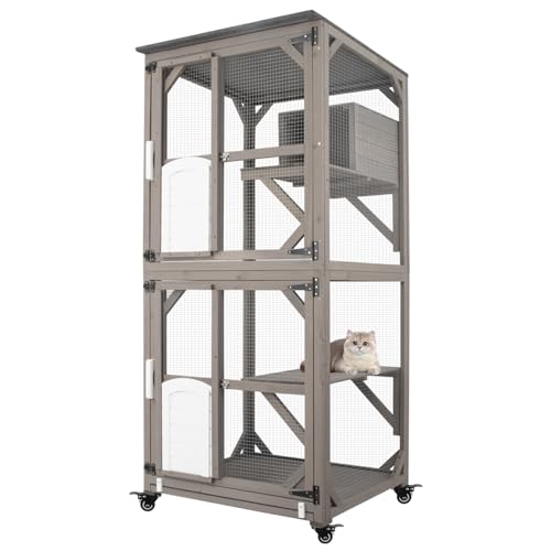 Catio Cat House Outdoor Cat Enclosure Window Large Cat Cage Indoor Outdoor with Multiple Platforms Waterproof Roof and Resting Box Shelter for Stray Kittens (Grey, 29.5" D x 29.5" W x 68.1"